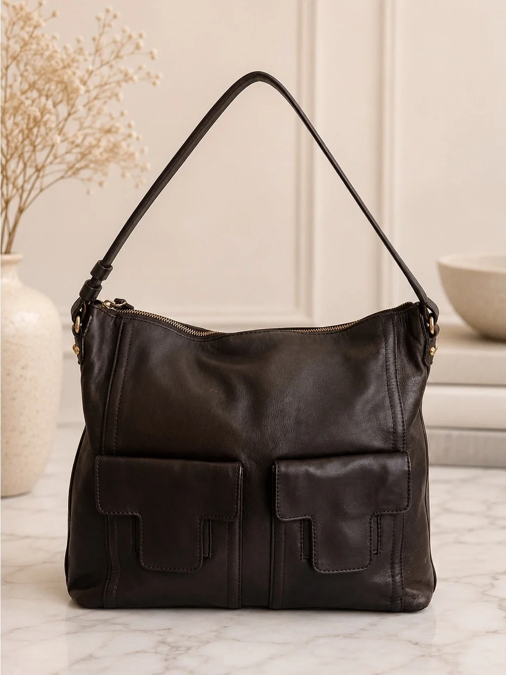 Kate Spade Brown Leather Hobo Shoulder Bag Large Dual Pocket Purse